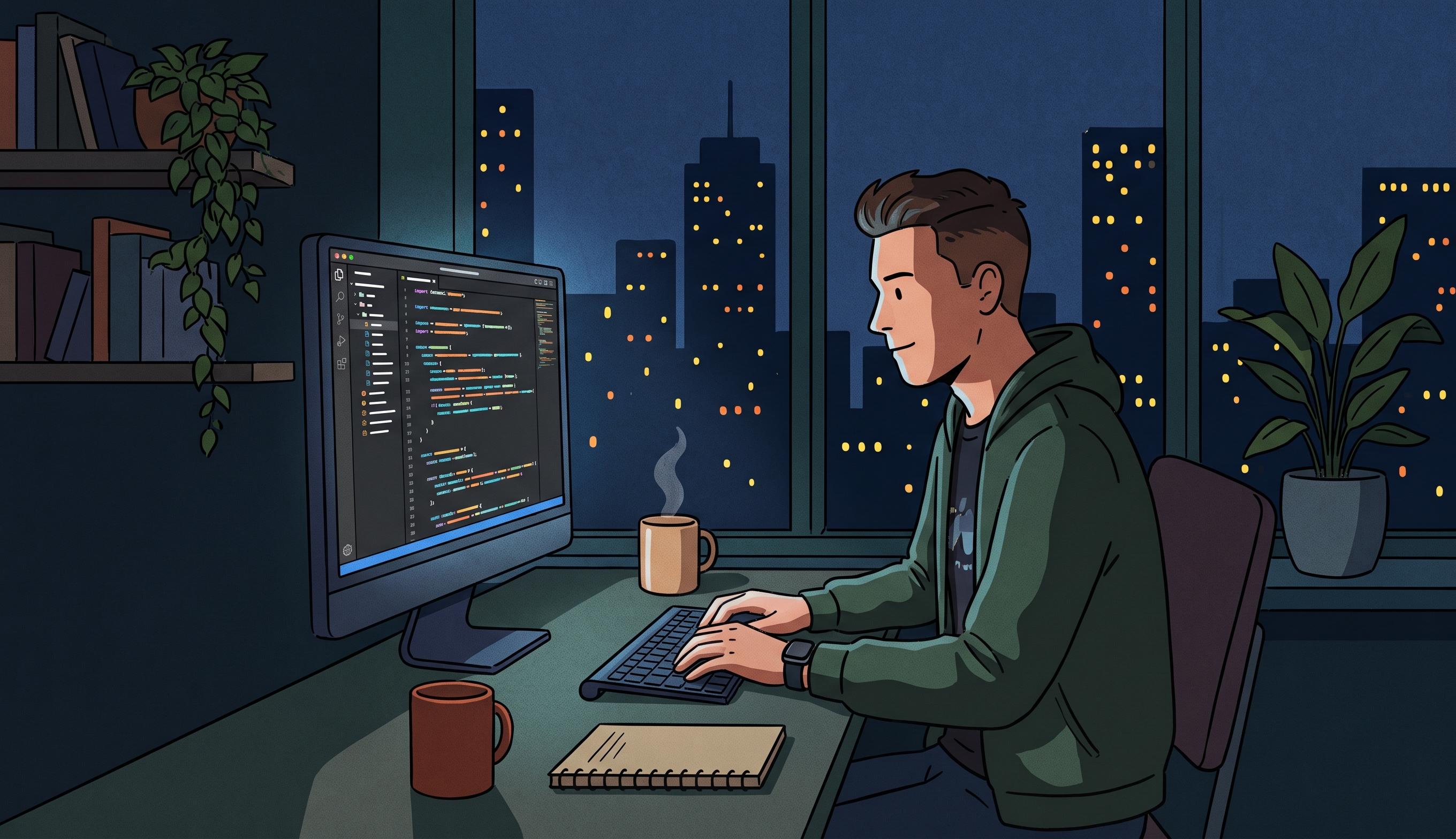 A developer writes code alone in the evening