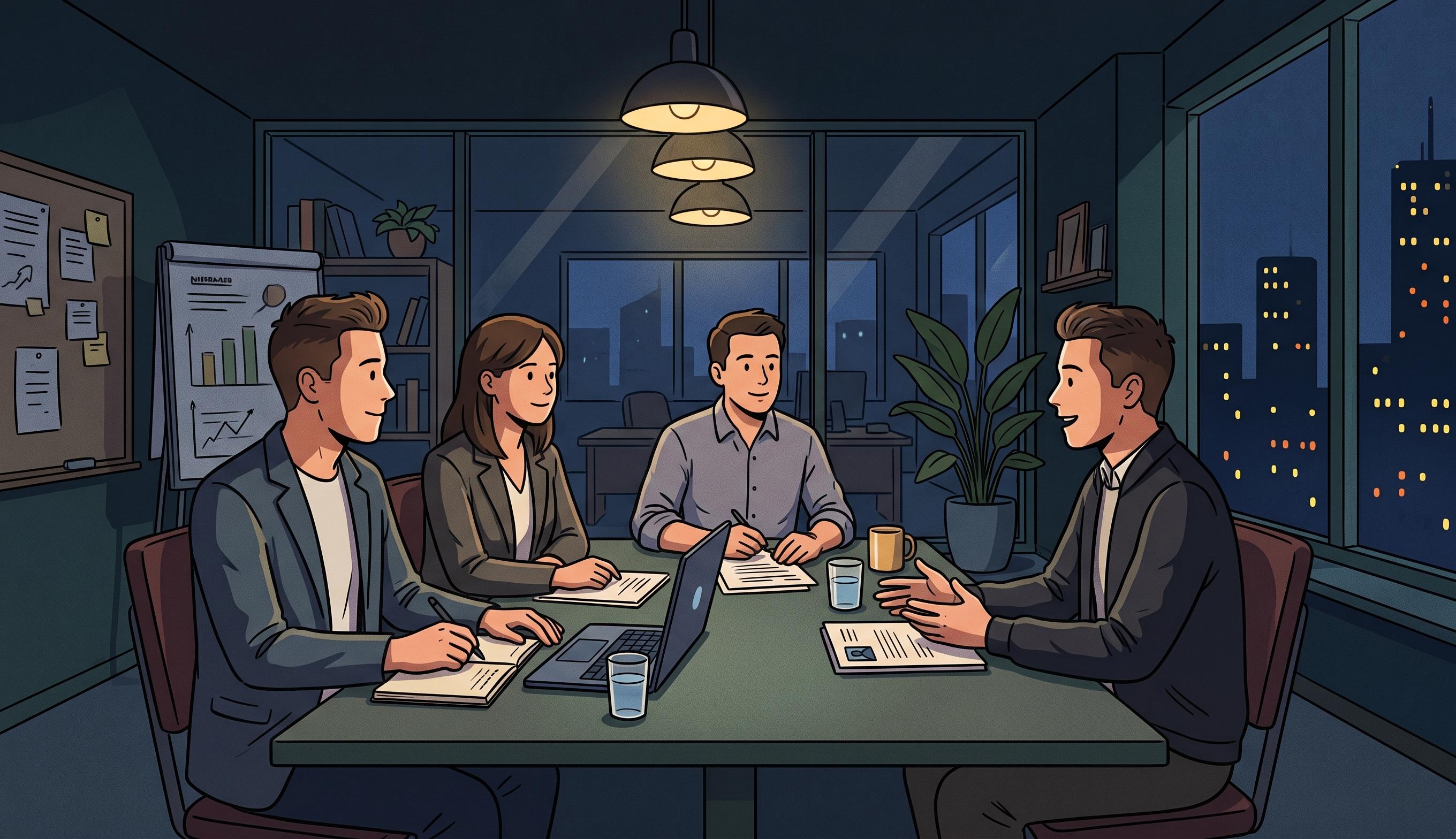 A candidate talks with interviewers at a table